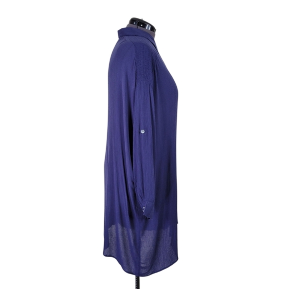 Roamans Crepe Dress Size 26W Blue Button Front Dolman Roll Tab Sleeve Rayon New - Picture 2 of 12